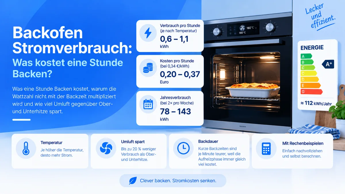 Backofen mit beleuchtetem Garraum, daneben Kennwerte: 0,6 bis 1,1 kWh und 0,20 bis 0,37 Euro pro Stunde sowie 78 bis 143 kWh im Jahr