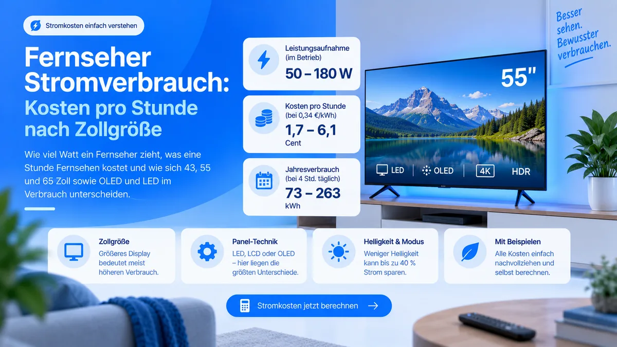 55-Zoll-Fernseher im Wohnzimmer, daneben Kennwerte: 50 bis 180 Watt im Betrieb, 1,7 bis 6,1 Cent pro Stunde und 73 bis 263 kWh im Jahr