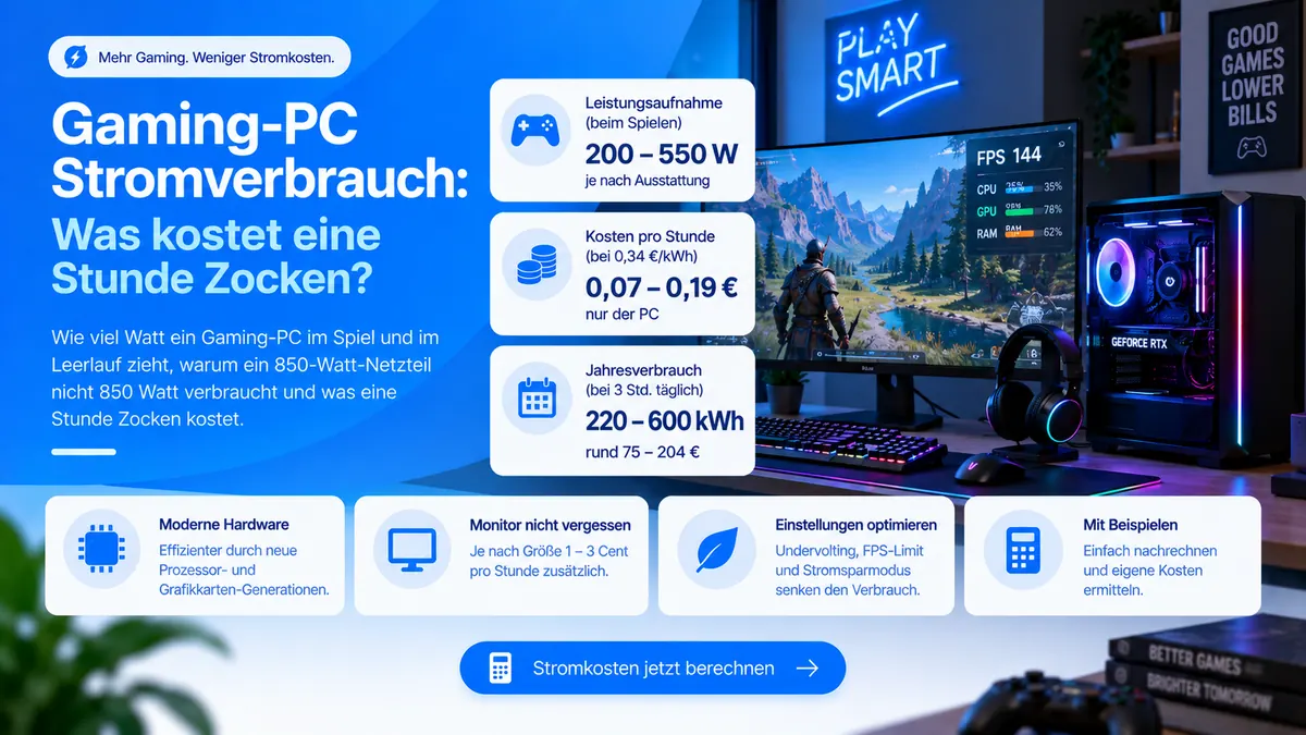 Gaming-PC mit Monitor und Tastatur, daneben Kennwerte: 200 bis 550 Watt beim Spielen, 0,07 bis 0,19 Euro pro Stunde und 220 bis 600 kWh im Jahr