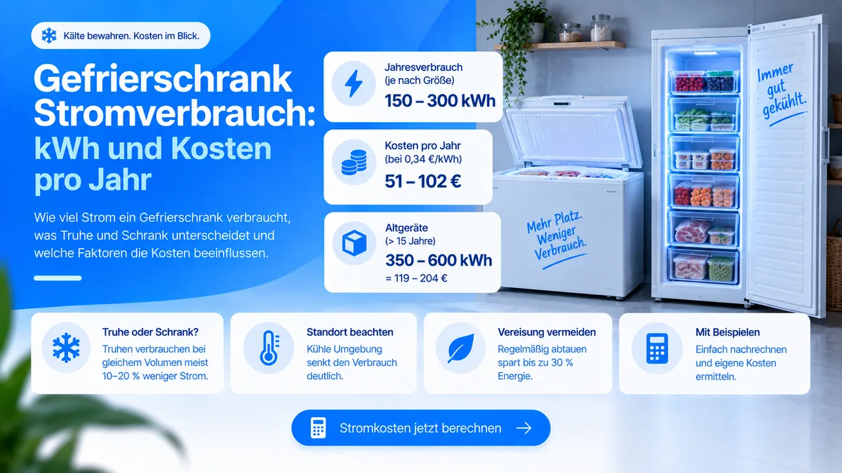 Gefriertruhe und Gefrierschrank nebeneinander, daneben Kennwerte: 150 bis 300 kWh im Jahr, 51 bis 102 Euro pro Jahr, Altgeräte 350 bis 600 kWh