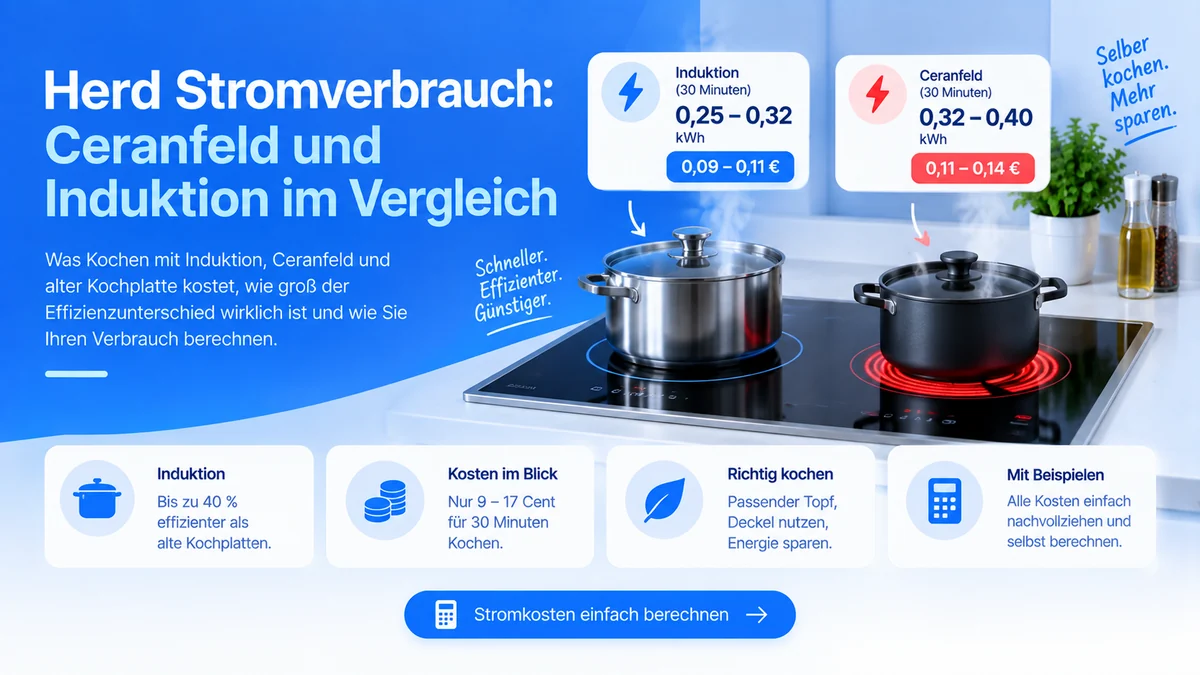 Kochfeld mit zwei Töpfen auf Induktion und Ceranfeld, daneben der Vergleich: 0,25 bis 0,32 kWh gegenüber 0,32 bis 0,40 kWh für 30 Minuten