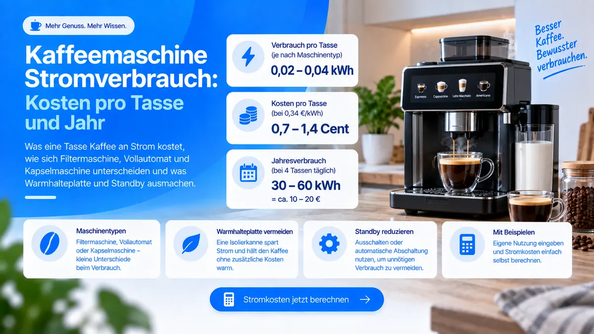 Kaffeevollautomat mit Espressotasse, daneben Kennwerte: 0,02 bis 0,04 kWh und 0,7 bis 1,4 Cent pro Tasse sowie 30 bis 60 kWh im Jahr