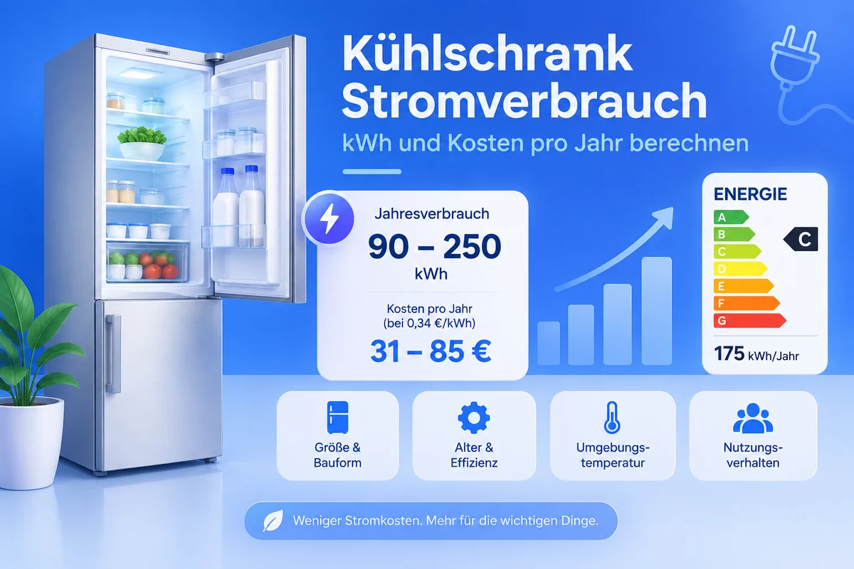 Kühl-Gefrier-Kombination mit geöffneter Tür, daneben Kennwerte: 90 bis 250 kWh und 31 bis 85 Euro pro Jahr sowie ein EU-Energielabel der Klasse C