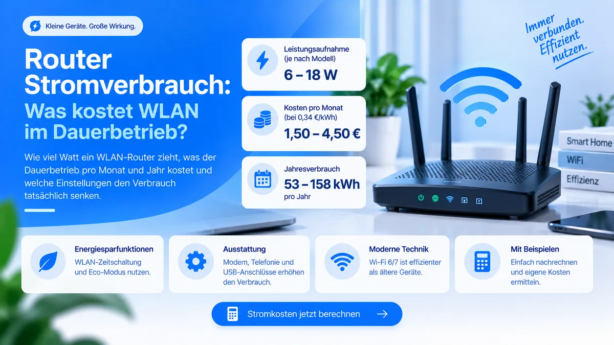WLAN-Router auf einem Schreibtisch, daneben Kennwerte: 6 bis 18 Watt Leistungsaufnahme, 1,50 bis 4,50 Euro pro Monat und 53 bis 158 kWh im Jahr