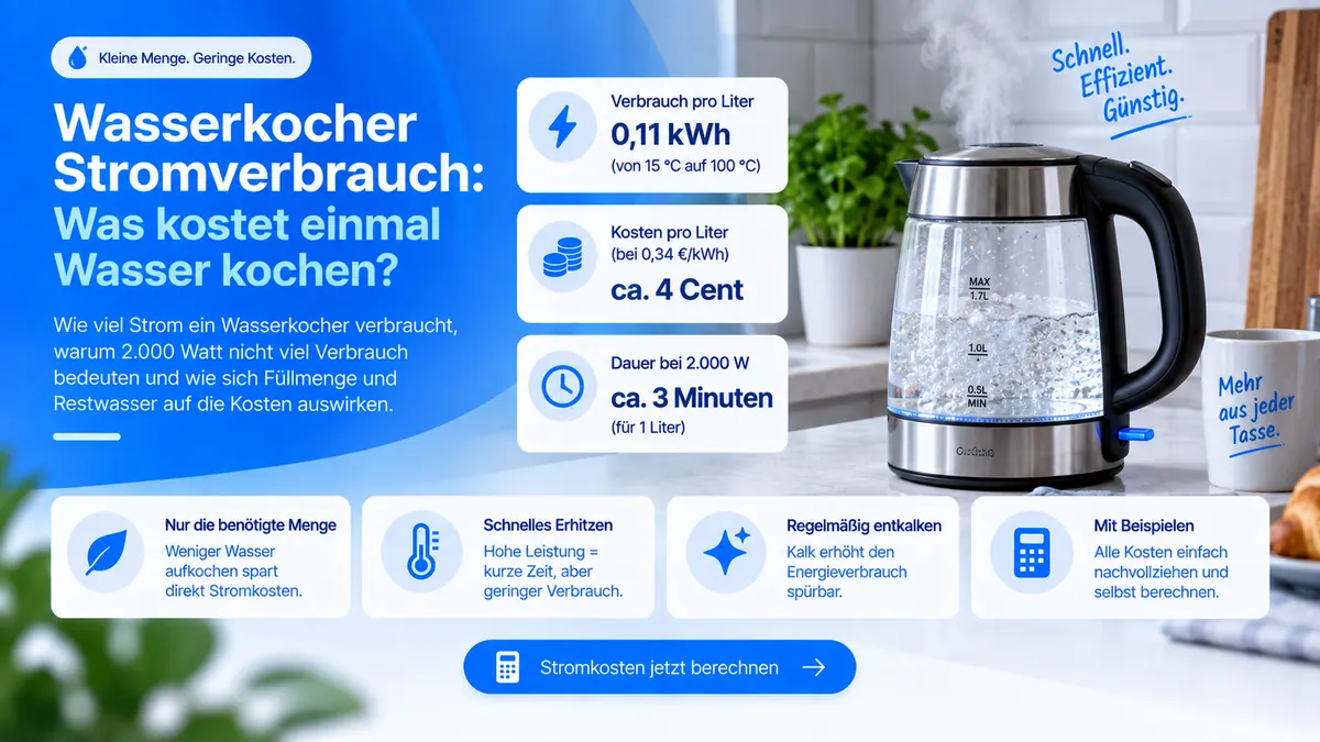 Wasserkocher mit Glasbehälter und aufsteigendem Dampf, daneben Kennwerte: 0,11 kWh und rund 4 Cent pro Liter, etwa 3 Minuten bei 2.000 Watt